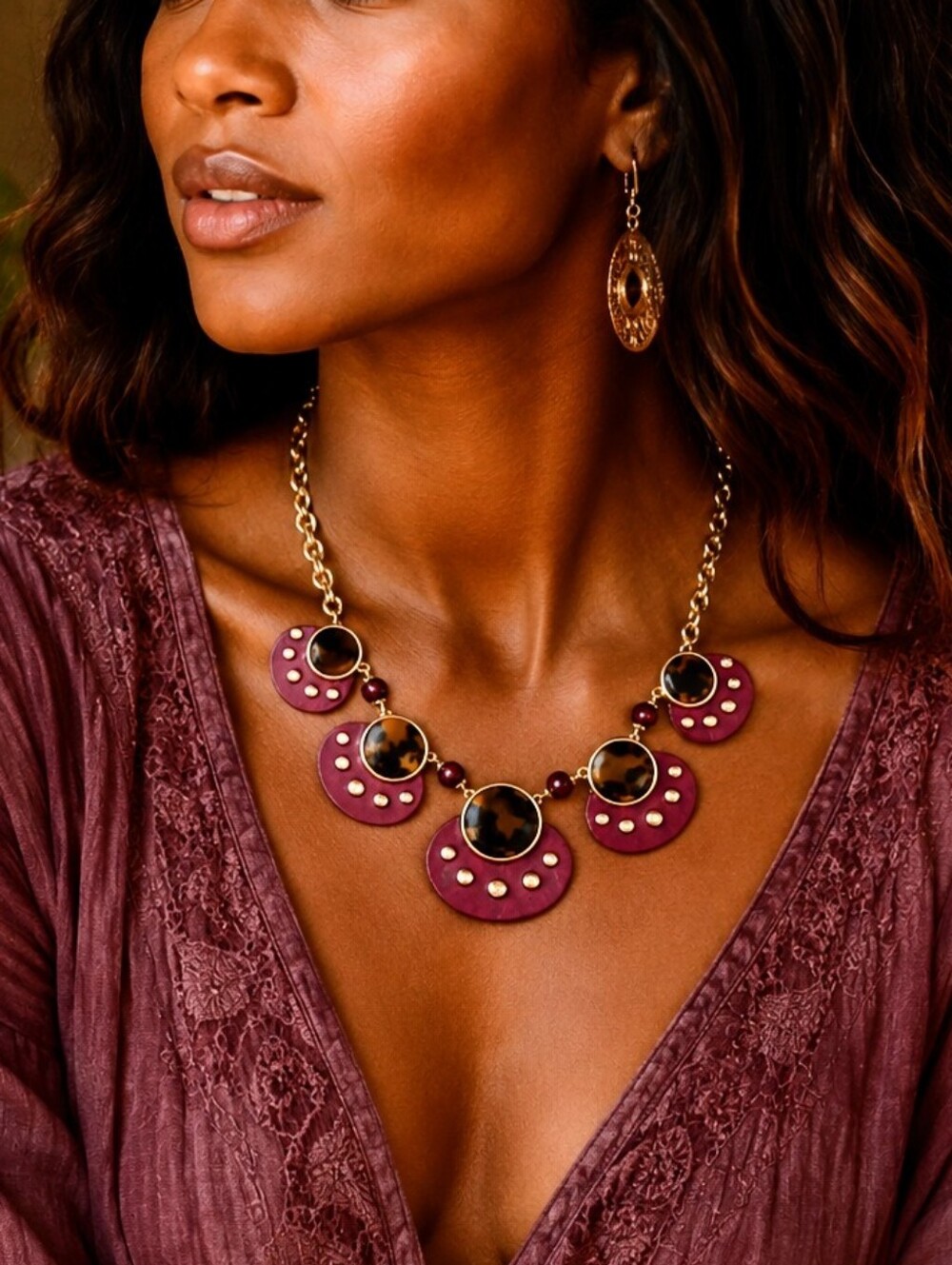 Chico's Shiraz-Hued Faux Tortoiseshell Bib Necklace